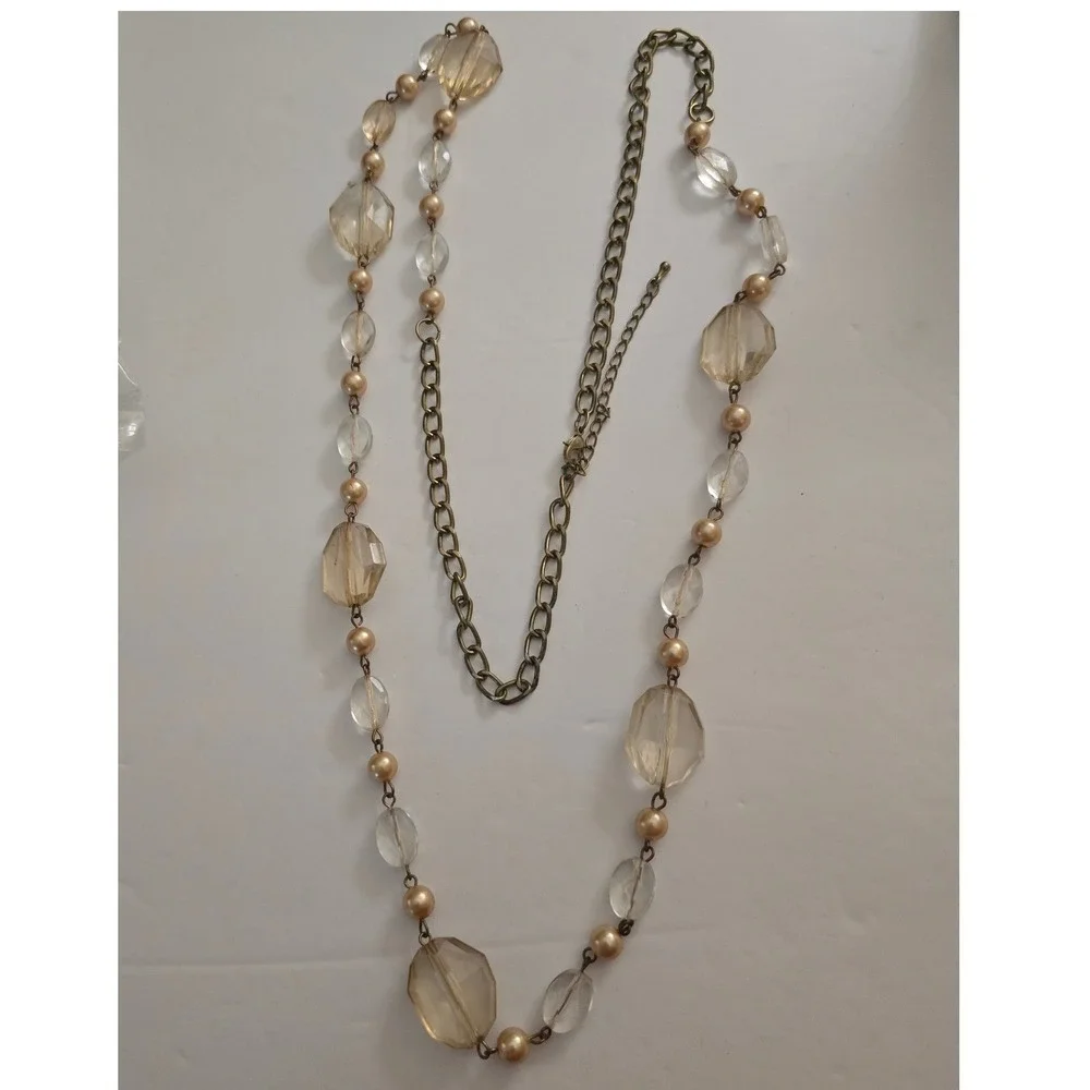 Champagne Faceted Bead Long Station Necklace Brass Tone long length